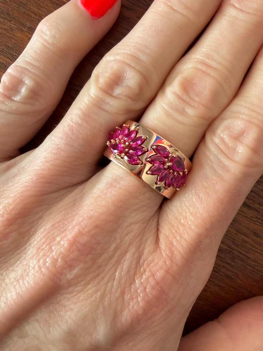 NEW 925 Sterling Silver Rose Gold Vermeil Ruby Red Floral Art Deco Band Ring - 6